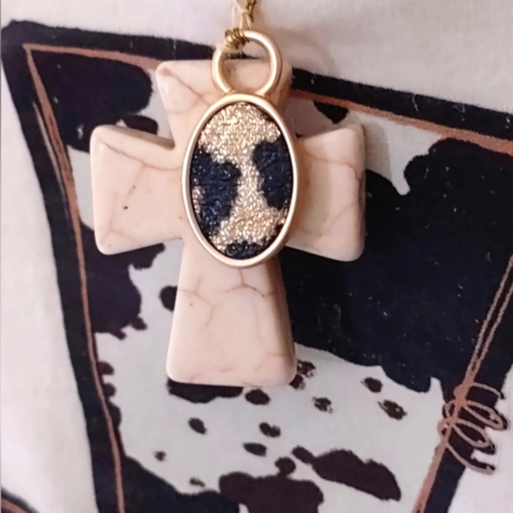 Cow Print Christian Cross Tee Shirt  Embellished With Attached Cross